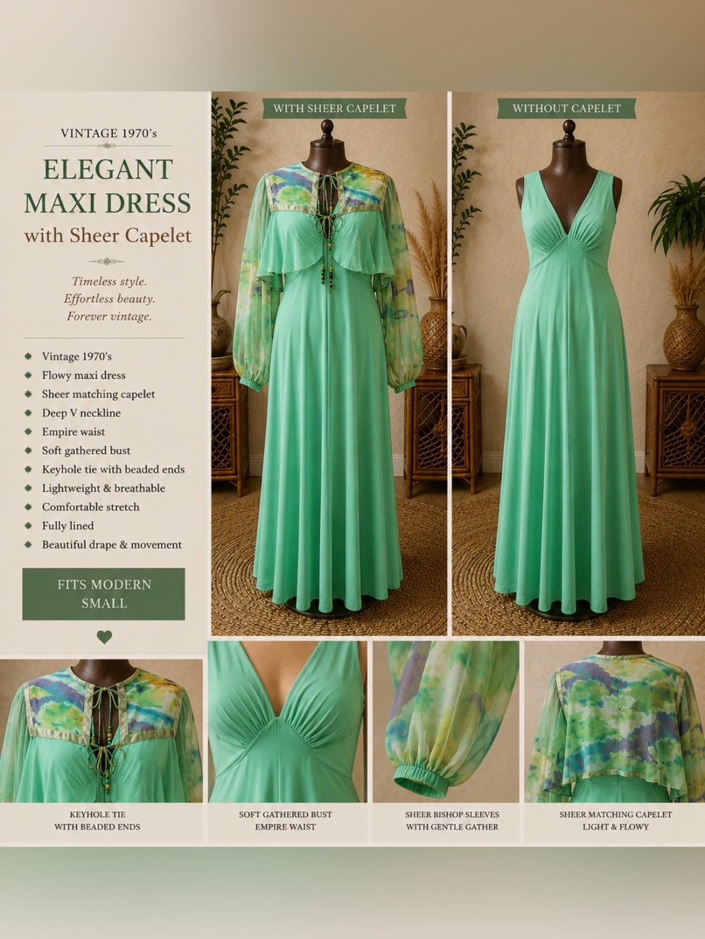 *Elegant green Maxi Dress with capelet (see other pics) - 1970’s